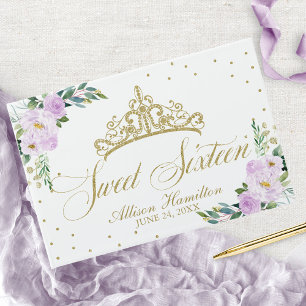 Söt 16 Guest Bok Guld Tiara Lavender Blommigt