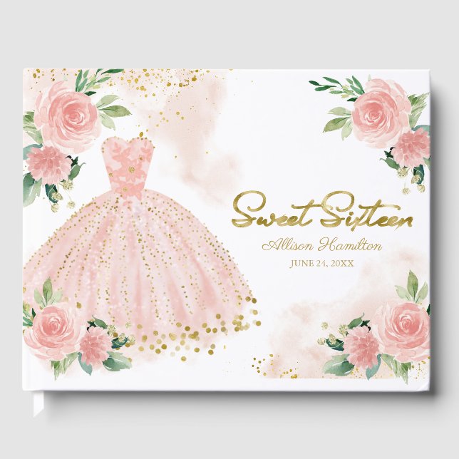Söt 16 Guest Bok  Rosa Gown Blommigt (Framsida)