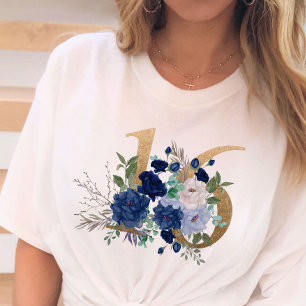 Söt 16 Guld Blommigt nummer 16 Blå Ro T Shirt