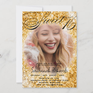 Söt 16 Guld Glitter och foto Party Inbjudningar