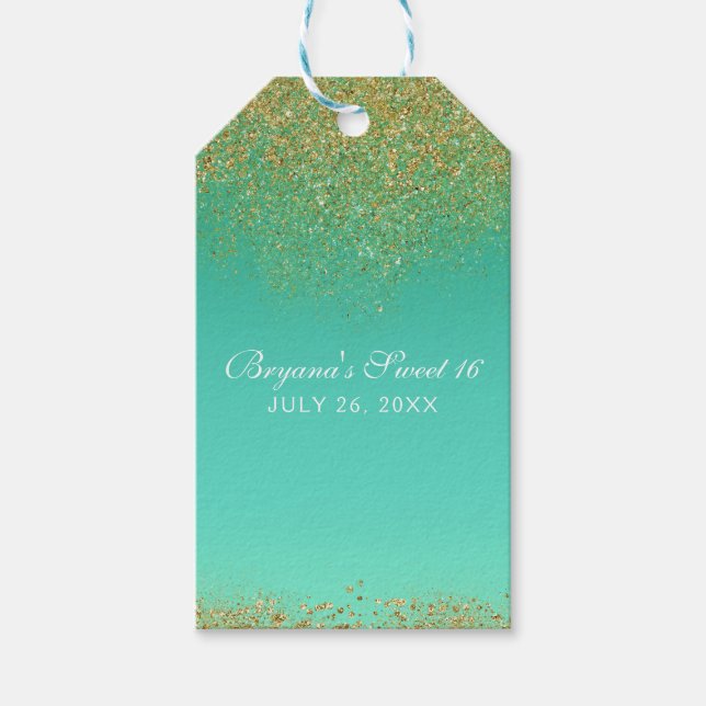 Söt 16 Guld Glitter & Teal Födelsedagsfest-fördel Presentetikett (Framsidan)