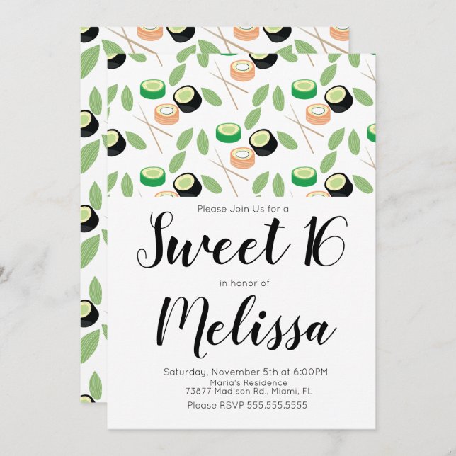 Söt 16 Hibachi Grill Sushi Rolls Restaurant Inbjudningar (Fram/baksida)