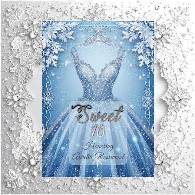 Söt 16 Icy Blue Silver Vinter Frost Snöflingor Inbjudningar (Sweet 16 Icy Blue Silver Winter Frost Snowflakes Invitation)