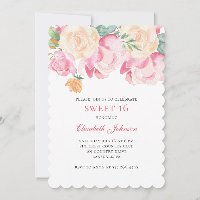 Söt 16 inbjudan. Rosa blommor 16-årsdag Inbjudningar (Framsida)