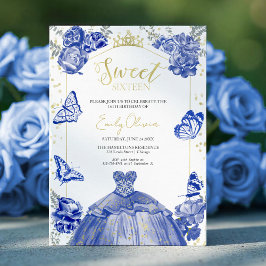 Söt 16-inbjudan Royal Blue Dress Butterfly Inbjudningar