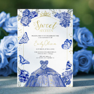 Söt 16-inbjudan Royal Blue Dress Butterfly Inbjudningar