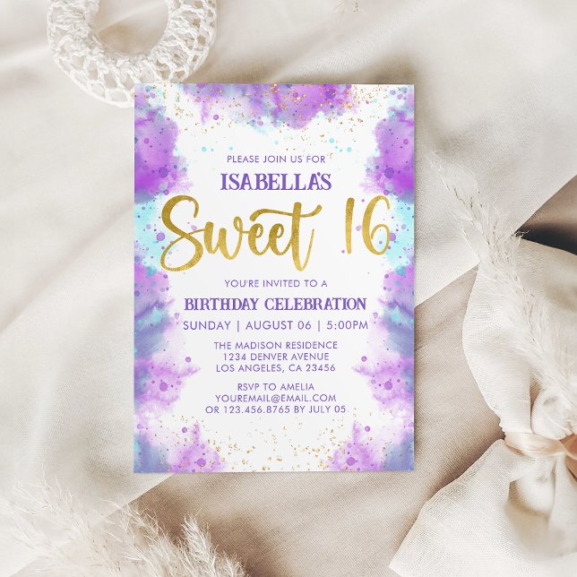 Söt 16 Inbjudan till Lila Guld i vattenfärg (Sweet 16 Watercolor Purple Gold Invitation
)