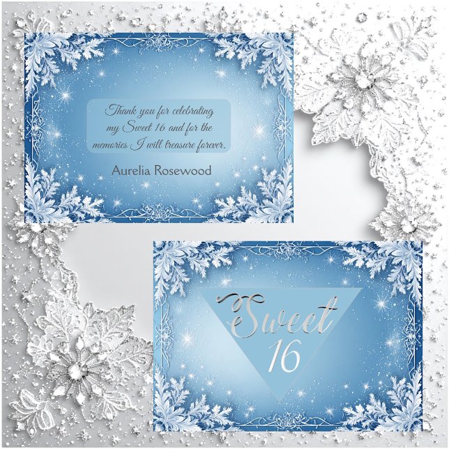 Söt 16 isblå silver vinterfrost snöflingor tack kort (Sweet 16 Icy Blue Silver Winter Frost Snowflakes Thank You Card)