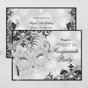 Söt 16 Juwel Mask & Damask Silver Masquerad Inbjudningar
