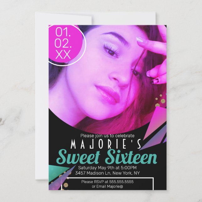 Söt 16 Klubbar Stil Neon Party Foto Inbjudningar (Framsida)