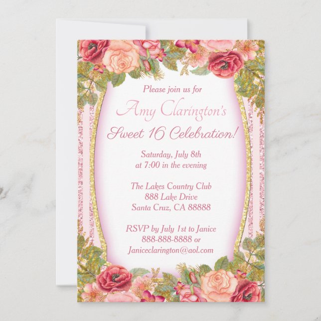 Söt 16-kort Rosa Blommigt Guld Glitter Inbjudningar (Framsida)