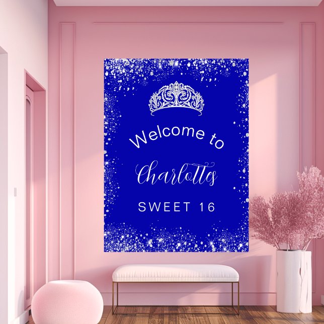 Söt 16 kunglig blå silver glitter välkomstskylt poster (Skapare uppladdad)