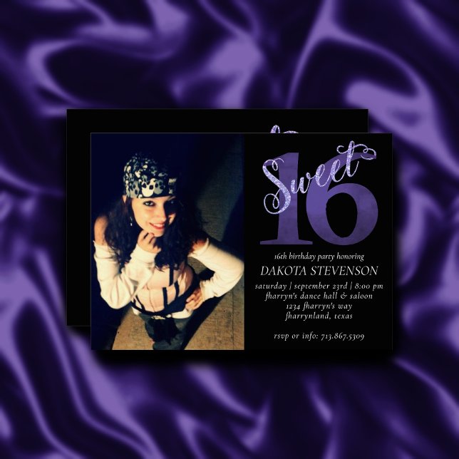 Söt 16 | Lila Faux Glitter Photo Keepsaké Inbjudningar (Skapare uppladdad)