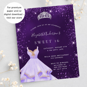 Söt 16-lila glitter-adressinbjudan flygblad