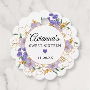 Söt 16 Lila Guld Blommigt Party Gåvor Etiketter