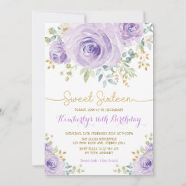 Söt 16 Lila Guld Blommigt Sweet sixteen Inbjudningar