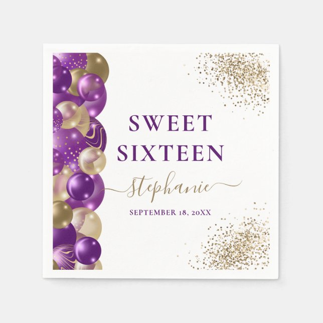 Söt 16 Lila Guld Gnistra Balloon Pappersservett (Framsidan)