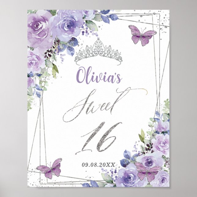 Söt 16 Lila Lilac Blommigt Silver Butterflies Poster (Framsidan)