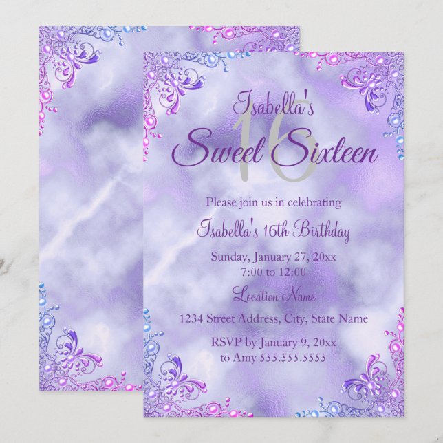 Söt 16 Lila Lilac Silver Pearl Damask Inbjudningar (Fram/baksida)