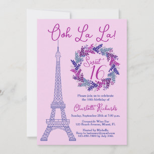 Söt 16 Lila Paris Eiffel Torn Födelsedagsfest Inbjudningar