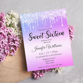 Söt 16 lila rosa  droppa glitter inbjudan