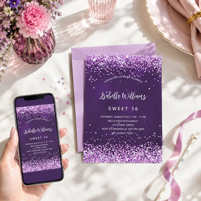 Söt 16 lila rosa glitter glamorös inbjudningar (Skapare uppladdad)