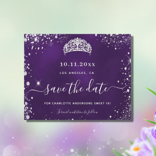 Söt 16 lila silver glitter spara datum kort