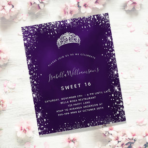 Söt 16 lila silver glitter tiara-inbjudan