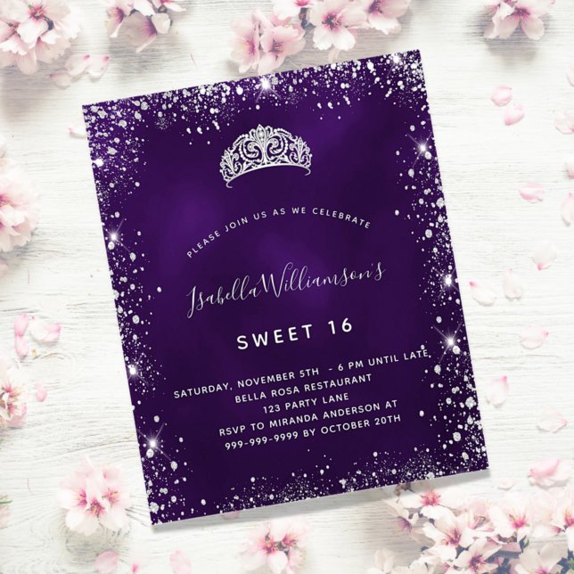 Söt 16 lila silver glitter tiara-inbjudan (Skapare uppladdad)