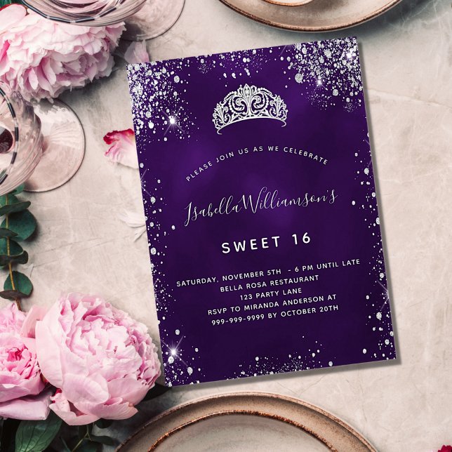 Söt 16 lila silver glitter tiara krona inbjudan vykort (Skapare uppladdad)