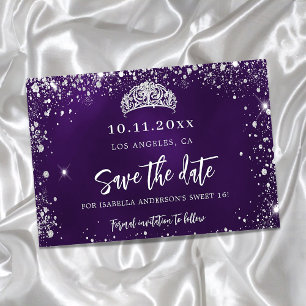 Söt 16 lila silver glitter tiara save the date meddelande vykort