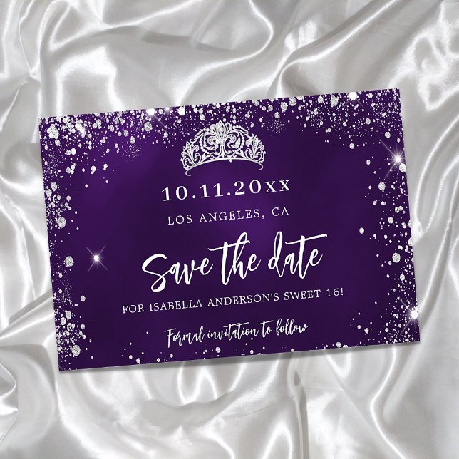 Söt 16 lila silver glitter tiara save the date meddelande vykort (Skapare uppladdad)