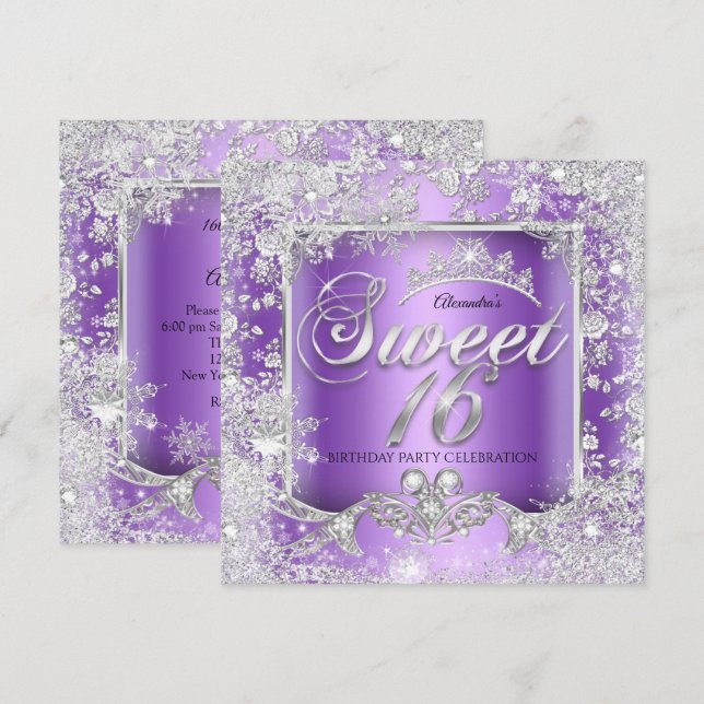 Söt 16 Lila Silver Tiara Vinter Värld Inbjudningar (Fram/baksida)