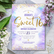 Söt 16 Lila Watercolor Guld Girly Birthday