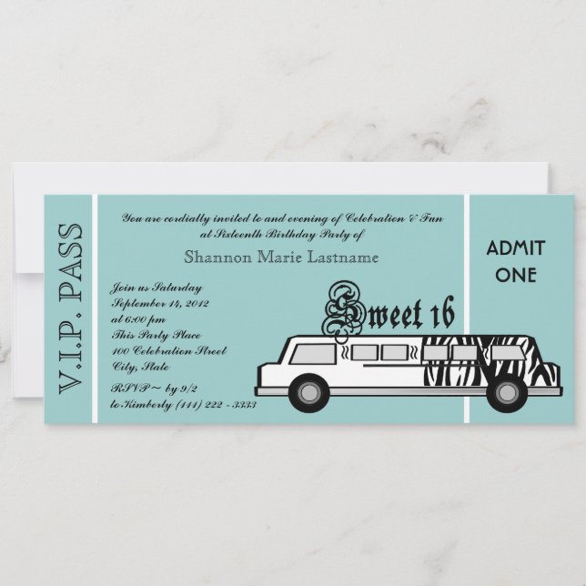 Söt 16 Limo Party Pass Inbjudningar (Framsida)