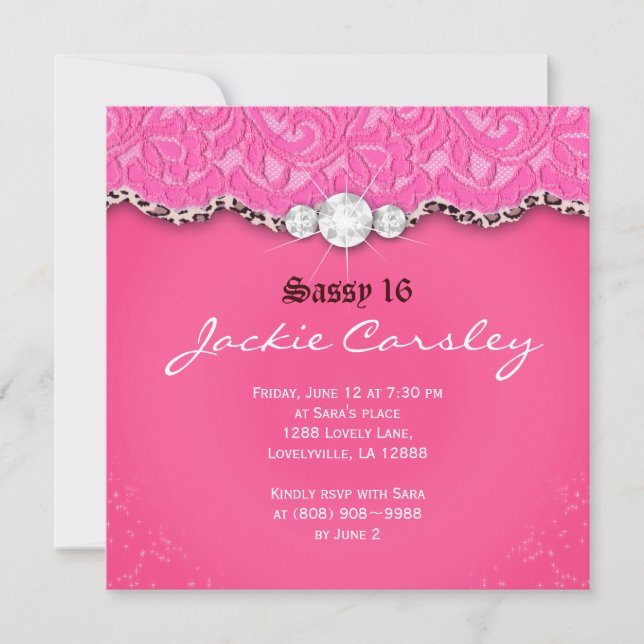 Söt 16-linspartaj Invitation Rosa Leopard Inbjudningar (Framsida)