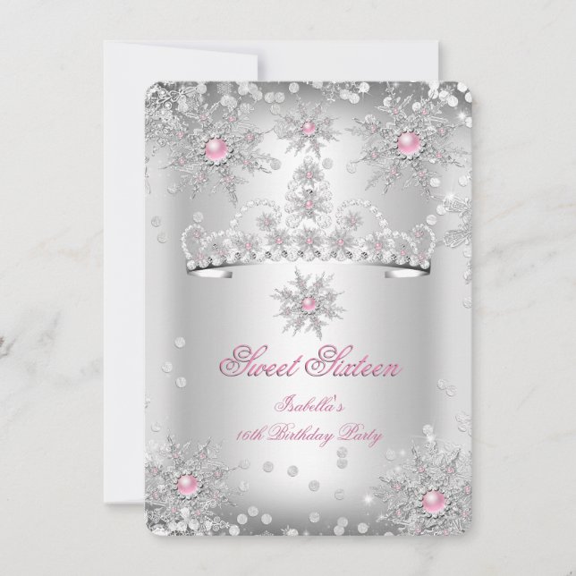 Söt 16 Ljus Rosa Silver Vinter Värld Inbjudningar (Framsida)