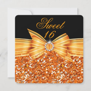 Söt 16 Lyx Glitter Orange Guld Svart Fest Inbjudningar