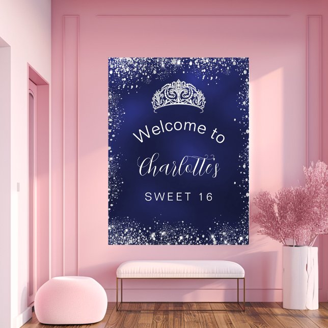 Söt 16 marinblått silver glitter välkomnas poster (Skapare uppladdad)
