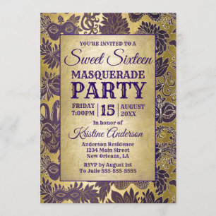Söt 16 Maskerad Party Lila Guld Mask Inbjudningar