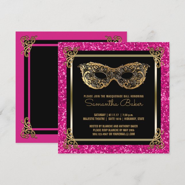 Söt 16 MasqueraBoll Sweet sixteen Rosa Guld Inbjudningar (Fram/baksida)