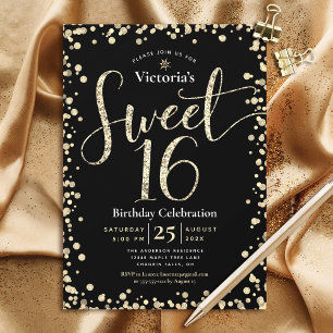Söt 16 Modern Black Guld Glitter Girly Birthday Inbjudningar