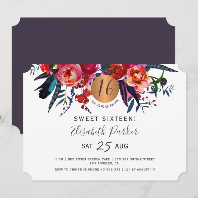 Söt 16 modern blomster vattenfärg födelsedagsfest inbjudningar (Fram/baksida)