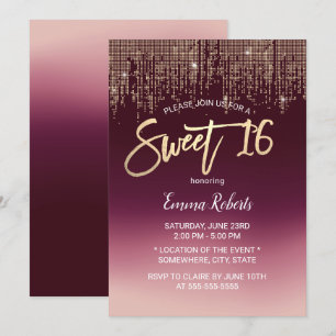 Söt 16 Modern Burgundy Ombre Guld Sequins Inbjudningar