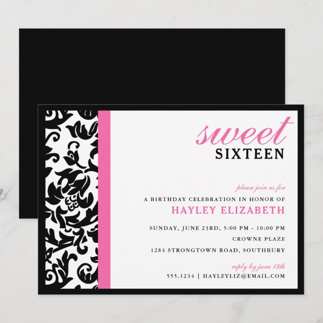 Söt 16 Modern Damask med Gräns, Bright Rosa Inbjudningar (Fram/baksida)
