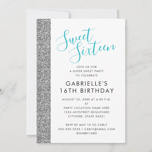 Söt 16 Modern Elegant Chic Silver Glitter Meddelande (Framsida)