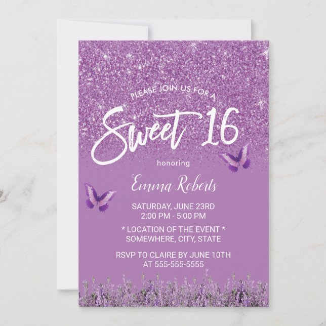 Söt 16 Modern Lavender Faux Glitter Inbjudningar (Framsida)