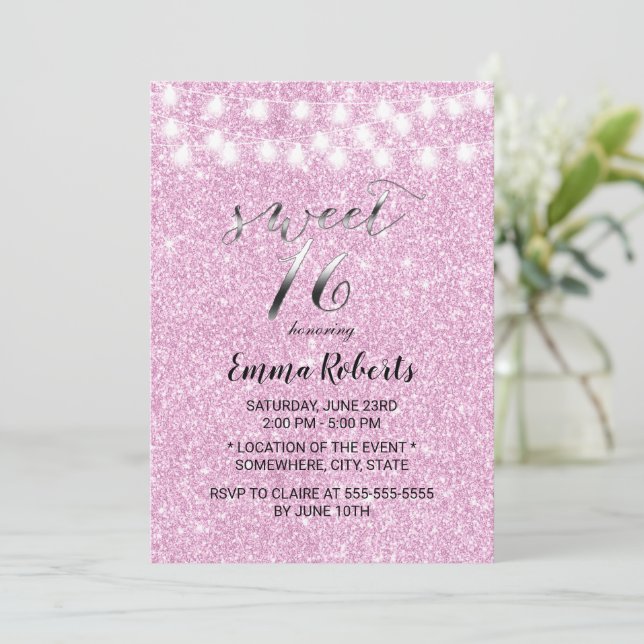 Söt 16 Modern Rosa Glitter String Ljus Inbjudningar (Stående Fram)