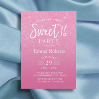 Söt 16 modern Shock rosa Glitter-födelsedag Inbjudningar