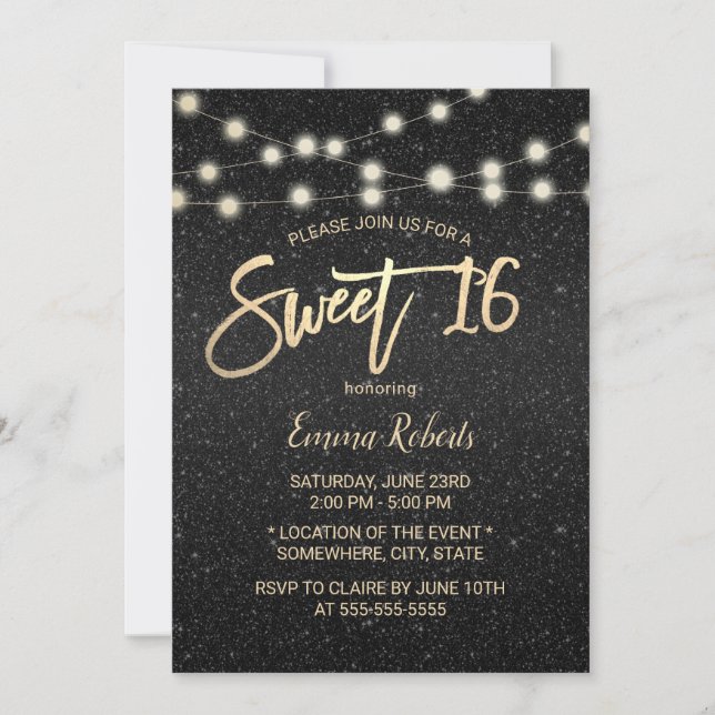 Söt 16 Modern svart faux Glitter-typografi Inbjudningar (Framsida)